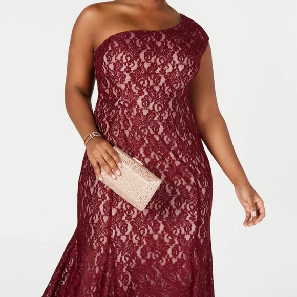 Women’s Formal Dress Plus Sizes 10P & 14W Burgundy Maxi Floral Lace One Shoulder - Picture 4 of 6